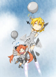 Rule 34 | &gt; &lt;, 2girls, aim-9 sidewinder, aircraft, airplane, balloon, blonde hair, carrying, carrying person, elbow gloves, f-22 raptor, fighter jet, full body, gloves, headgear, holding hands, jet, military, military vehicle, multiple girls, orange hair, original, personification, pleated skirt, skirt, sky, sleeveless, sweatdrop, thighhighs, zephyr164, zettai ryouiki