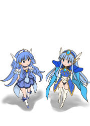 Rule 34 | 2girls, absurdres, aoki reika, armor, blue bow, blue cape, blue eyes, blue hair, blue hairband, blue neckwear, blue skirt, blush stickers, boots, bow, brooch, cape, choker, color connection, crossover, cure beauty, cyclone (reizei), elbow gloves, gloves, hair tubes, hairband, highres, jewelry, knee boots, leotard, long hair, looking at another, magic knight rayearth, magical girl, multiple girls, no nose, official alternate costume, pauldrons, power connection, precure, ryuuzaki umi, shoulder armor, sidelocks, simple background, skirt, smile precure!, standing, thigh boots, thighhighs, white background, white footwear, white gloves