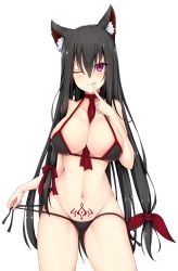 Rule 34 | 1girl, animal ears, black hair, blush, breasts, chixiao, choker, cleavage, hair ribbon, highres, large breasts, long hair, looking at viewer, navel, necktie, one eye closed, original, purple eyes, ribbon, smile, solo, standing, swimsuit, tongue, tongue out, very long hair
