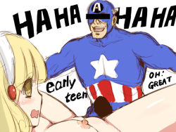 Rule 34 | 10s, 1boy, 1girl, blonde hair, breasts, captain america, censored, crossover, english text, hairband, hetero, imminent rape, kise yayoi, laughing, marvel, nipples, niwatori kokezou, nude, penis, precure, scared, smile precure!, thighs, yellow eyes