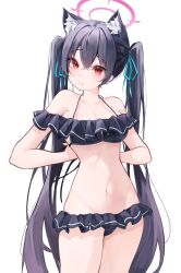 Rule 34 | 1girl, absurdres, animal ear fluff, animal ears, arms behind back, bikini, black bikini, black hair, blue archive, blush, breasts, cat ears, cleavage, closed mouth, e name, frilled bikini, frills, hair ribbon, halo, highres, long hair, looking at viewer, medium breasts, navel, off-shoulder bikini, off shoulder, official alternate costume, red eyes, ribbon, serika (blue archive), serika (swimsuit) (blue archive), solo, standing, sweat, swimsuit, twintails