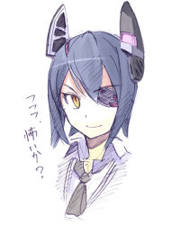 Rule 34 | 10s, 1girl, kantai collection, looking at viewer, personification, purple hair, seo tatsuya, simple background, smile, solo, tenryuu (kancolle), translated, white background, yellow eyes