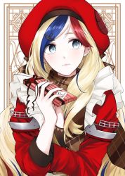 Rule 34 | anchor hair ornament, bad id, bad twitter id, beret, blue eyes, blue hair, chocolate, commandant teste (kancolle), dress, french text, frilled dress, frills, hair ornament, hat, kantai collection, morinaga miki, multicolored hair, plaid, plaid scarf, red hair, red hat, scarf, solo, streaked hair, swept bangs, valentine, white hair