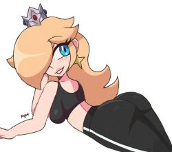 Rule 34 | 1girl, ass, black sports bra, blonde hair, blue eyes, crown, earrings, from side, hair over one eye, heart, jewelry, long hair, looking at viewer, looking back, lying, mario (series), nintendo, non-web source, on stomach, pants, regentgd, rosalina, solo, sports bra, super mario galaxy, yoga pants