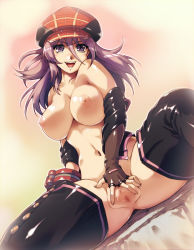 Rule 34 | 10s, 1girl, alisa ilinichina amiella, blue eyes, boots, breasts, censored, curvy, elbow gloves, face, fingerless gloves, gloves, god eater, god eater burst, hisahiko, large breasts, mosaic censoring, nipples, no panties, open mouth, plaid, purple eyes, purple hair, pussy, smile, solo, spread legs, spread pussy, thigh boots, thighhighs