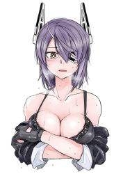 Rule 34 | 1girl, black bra, black gloves, blush, bra, breasts, breath, cleavage, collarbone, covering privates, covering breasts, eyepatch, gloves, headgear, highres, jacket, kantai collection, lace, lace-trimmed bra, lace trim, large breasts, open mouth, partially fingerless gloves, purple hair, simple background, solo, sweat, tadd (tatd), tenryuu (kancolle), underwear, upper body, white background, yellow eyes