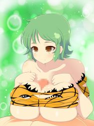 Rule 34 | 10s, 1girl, bare shoulders, blush, breasts, breasts squeezed together, censored, cleavage, clothed female nude male, collarbone, green hair, highres, hikage (senran kagura), huge breasts, joutarou, looking away, lying, mosaic censoring, nude, paizuri, penis, senran kagura, shiny skin, short hair, simple background, solo focus, yellow eyes