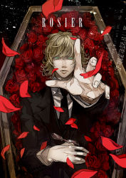 Rule 34 | 10s, 1boy, barnaby brooks jr., blonde hair, coffin, unworn eyewear, flower, foreshortening, glasses, green eyes, holding, holding removed eyewear, male focus, mochinue, necktie, outstretched hand, petals, red flower, red rose, rose, solo, tiger &amp; bunny