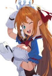 Rule 34 | 1girl, ;d, ahoge, blush, breasts, food, gloves, highres, large breasts, long hair, looking at viewer, one eye closed, onigiri, open mouth, orange hair, pecorine (princess connect!), princess connect!, puffy short sleeves, puffy sleeves, short sleeves, simple background, smile, solo, some1else45, straight hair, sweatdrop, tiara, upper body, very long hair, white background, white gloves