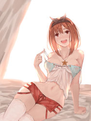 Rule 34 | 1girl, absurdres, areola slip, arm support, atelier (series), atelier ryza, atelier ryza 1, backlighting, bakaichisan, black ribbon, blush, breasts, brown eyes, brown hair, highres, jewelry, medium breasts, midriff, navel, necklace, off shoulder, reisalin stout, ribbon, solo, star (symbol), star necklace, strap lift, strap slip, thighhighs, thighs