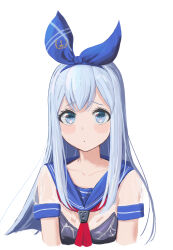 Rule 34 | 1girl, absurdres, anchor (nikke), blue dress, blue hair, blue ribbon, blue sailor collar, blue skirt, blush stickers, breasts, collarbone, dress, goddess of victory: nikke, hair ribbon, highres, kano hoshi, long hair, looking at viewer, neckerchief, pleated skirt, red neckerchief, ribbon, sailor collar, see-through, see-through shirt, simple background, skirt, small breasts, solo, thighhighs, white background, white thighhighs