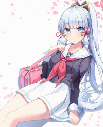 Rule 34 | 1girl, absurdres, ayaka (genshin impact), bag, black shirt, blue eyes, blush, breasts, closed mouth, commentary, feet out of frame, genshin impact, grey background, high ponytail, highres, long hair, long sleeves, looking at viewer, medium breasts, neckerchief, petals, pleated skirt, ponytail, red neckerchief, sailor collar, school bag, school uniform, serafuku, shirt, sidelocks, silver hair, skirt, sleeves past wrists, smile, sob (submar1089), solo, very long hair, white sailor collar, white skirt
