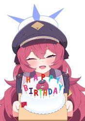 Rule 34 | 1girl, absurdres, armband, black coat, black hat, blue archive, blue halo, blush, cake, coat, food, grey eyes, hair between eyes, halo, hat, highres, iroha (blue archive), long hair, long sleeves, nord (expc4752), one eye closed, open mouth, peaked cap, red armband, red hair, simple background, smile, solo, upper body, white background