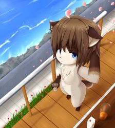 Rule 34 | 1girl, blue eyes, body fur, breasts, brown hair, expressionless, female focus, from above, furry, furry female, highres, mushroom, nude, original, petals, railing, short hair, sinelesh, small breasts, solo, water