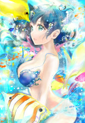 Rule 34 | 1girl, air bubble, animal, arched back, bikini, bikini top only, blue bikini, blue eyes, blue hair, bottomless, breasts, bubble, cleavage, commentary request, from side, keepout, large breasts, long hair, ocean, original, parted lips, rabbit, solo, swimsuit, tropical fish, underwater