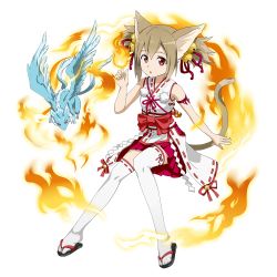 Rule 34 | 1girl, :o, animal ears, arm ribbon, bell, brown hair, cat ears, cat tail, fire, full body, hair bell, hair ornament, highres, japanese clothes, jingle bell, magic, miko, multiple tails, official art, pina (sao), pyrokinesis, red eyes, ribbon, ribbon-trimmed legwear, ribbon trim, sandals, short hair, short twintails, silica, sleeveless, solo, sword art online, tail, thighhighs, transparent background, twintails, two tails