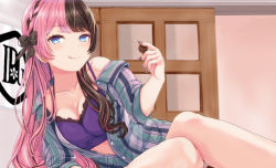 Rule 34 | 1girl, :q, arm support, black hair, blue eyes, braid, breasts, collared shirt, earrings, french braid, iris black games, jewelry, kinnrui905, long hair, long sleeves, looking at viewer, lying, medium breasts, multicolored hair, multicolored nails, nail polish, on side, open clothes, open shirt, pink hair, shirt, side braid, single bare shoulder, sitting, solo, split-color hair, striped clothes, striped shirt, stud earrings, tachibana hinano (vtuber), tongue, tongue out, two-tone hair, vertical-striped clothes, vertical-striped shirt, virtual youtuber, vspo!