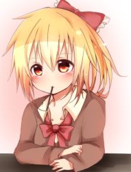 Rule 34 | 1girl, alternate costume, blonde hair, blush, bow, female focus, flandre scarlet, food, hair ribbon, jacket, long sleeves, looking at viewer, mouth hold, no wings, pocky, red eyes, ribbon, shirt, short hair, solo, tosura-ayato, touhou