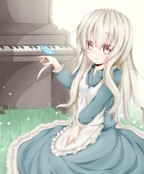 Rule 34 | 1girl, absurdres, bird, dress, grass, highres, instrument, jewelry, kagamiya (kyouya), kagerou project, kozakura marry, long hair, looking at viewer, necklace, piano, pink eyes, silver hair, sitting, smile, solo, souzou forest (vocaloid), upright piano, vocaloid