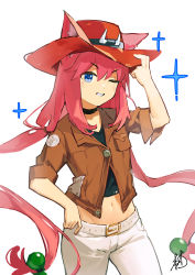Rule 34 | 1girl, absurdres, belt buckle, black choker, black shirt, blue eyes, brown jacket, buckle, chinese commentary, choker, commentary request, cowboy hat, crop top, ears through headwear, hand on headwear, hand on own hip, hand up, hat, highres, hinata channel, jacket, linpiu, long hair, looking at viewer, low-tied long hair, midriff, navel, nekomiya hinata, one eye closed, pants, parted lips, pink hair, shirt, simple background, sleeves rolled up, smile, solo, twintails, virtual youtuber, white background, white pants