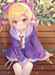 Rule 34 | 1girl, absurdres, bench, between legs, blonde hair, blush, closed mouth, collared shirt, commentary request, from above, hair between eyes, hair ornament, hairclip, hand between legs, highres, hood, hood down, hooded jacket, jacket, long hair, long sleeves, looking at viewer, minato0683, miniskirt, necktie, original, plant, purple jacket, red eyes, ribbon, shirt, sidelocks, sitting, skirt, sleeves past wrists, solo, twintails, white shirt