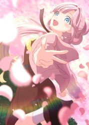 Rule 34 | 1girl, :d, anyoji hime, black ribbon, blonde hair, blue eyes, brown dress, cherry blossoms, dress, falling petals, film grain, floating hair, foot out of frame, foreshortening, from side, gradient hair, hair ribbon, hasu no sora school uniform, highres, jacket, jumping, lens flare, link! like! love live!, long hair, long sleeves, looking at viewer, looking to the side, love live!, medium dress, multi-tied hair, multicolored hair, nanase itsuki, neckerchief, open clothes, open jacket, open mouth, outstretched arms, petals, pink hair, pink jacket, pink petals, ponytail, ribbon, sailor collar, sailor dress, school uniform, sidelocks, smile, socks, solo, very long hair, virtual youtuber, w, white sailor collar, white socks, winter uniform, yellow neckerchief