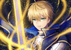 Rule 34 | 1boy, arthur pendragon (fate), blonde hair, blue cape, cape, excalibur (fate/stay night), fate/prototype, fate (series), green eyes, hair between eyes, heri (sniper579), male focus, parted lips, portrait, solo