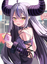 Rule 34 | 1girl, absurdres, ahoge, alternate costume, bare shoulders, black horns, blush, braid, braided bangs, choker, crepe, drooling, food, frills, grey hair, highres, holding, holding food, hololive, horns, la+ darknesss, looking at viewer, multicolored hair, nagori suyo, nail polish, open mouth, pointy ears, purple hair, purple nails, solo, star (symbol), star in eye, streaked hair, striped horns, sweat, symbol in eye, virtual youtuber, wrist cuffs