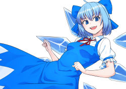Rule 34 | 1girl, :d, blue bow, blue dress, blue eyes, blue hair, bow, breasts, cirno, dress, hair bow, kakone, open mouth, puffy short sleeves, puffy sleeves, short sleeves, simple background, small breasts, smile, solo, touhou, white background, wings