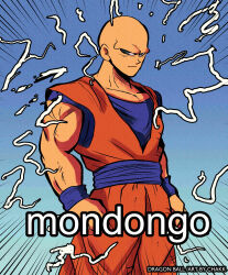 Rule 34 | 1boy, absurdres, alternate hair length, alternate hairstyle, artist name, bald, blue eyes, chakkrx, commentary, cowboy shot, dougi, dragon ball, dragonball z, emphasis lines, frown, furrowed brow, highres, male focus, meme, meme attire, muscular, muscular male, no eyebrows, serious, solo, son goku