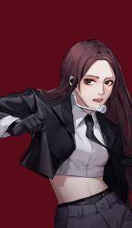 Rule 34 | 1girl, absurdres, akechi (826988799), animification, black eyes, black jacket, black necktie, black panties, blazer, brown eyeshadow, brown hair, chinese commentary, clenched hand, collared shirt, cropped shirt, dancing, grey pants, headset, highres, jacket, k-pop, looking to the side, mamamoo, midriff peek, moonbyul (mamamoo), navel, necktie, open mouth, panties, pants, parted hair, real life, red background, shirt, solo, underwear