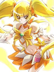 Rule 34 | 1girl, artist name, blonde hair, choker, clear glass (mildmild1311), closed mouth, commentary request, cure sunshine, earrings, eyelashes, hair ornament, hair ribbon, happy, heartcatch precure!, highres, jewelry, long hair, looking at viewer, magical girl, midriff, myoudouin itsuki, navel, precure, puffy short sleeves, puffy sleeves, ribbon, short sleeves, signature, skirt, smile, solo, standing, twintails, twitter username, wrist cuffs, yellow choker, yellow eyes, yellow skirt, yellow theme