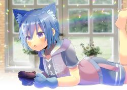 Rule 34 | 1boy, animal hands, barefoot, blue hair, blue shirt, blue shorts, commission, controller, facial mark, game controller, gloves, grey hoodie, hood, hood down, hoodie, kou hiyoyo, lying, male focus, multicolored hair, on bed, on stomach, open mouth, original, paw gloves, purple eyes, shirt, short hair, short sleeves, shorts, skeb commission, solo, star (symbol), white hair