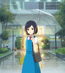 Rule 34 | 1girl, artist name, bag, black hair, blue dress, blurry, blurry background, brown eyes, building, closed mouth, collared shirt, commentary, cowboy shot, day, depth of field, dress, hand up, highres, holding, holding umbrella, looking at viewer, mclelun, necktie, original, outdoors, pinafore dress, rain, school uniform, shirt, short hair, shoulder bag, sleeveless dress, smile, solo, transparent, transparent umbrella, tree, umbrella, water drop, white shirt, wing collar