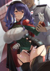 Rule 34 | 1boy, 1girl, absurdres, artist request, azur lane, bar censor, beret, black panties, black thighhighs, blush, bra visible through clothes, breasts, cape, censored, clenched teeth, clothes lift, commander (azur lane), commentary request, covered navel, cum, dress, dress lift, ejaculation, epaulettes, garter straps, gloves, hand up, hat, heart, highres, holding another&#039;s wrist, huge breasts, indoors, lifting own clothes, long hair, long sleeves, looking at another, military, military uniform, momo no sukebe, panties, parted lips, penis, pola (azur lane), purple hair, red eyes, short dress, skindentation, smile, spoken heart, teeth, thigh sex, thighhighs, twintails, underwear, uniform, white gloves, wide hips, window