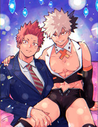 Rule 34 | 2boys, abs, bakugou katsuki, bare pectorals, blonde hair, blue suit, boku no hero academia, collared shirt, couch, detached collar, detached sleeves, formal, hand on another&#039;s shoulder, highres, kirishima eijirou, looking at viewer, male focus, multiple boys, necktie, nipples, pectorals, red eyes, red hair, shirt, short shorts, shorts, sitting, sitting on lap, sitting on person, smile, spiked hair, striped necktie, striped suit, suit, sweatdrop, toned, toned male, umasara, white shirt, yaoi
