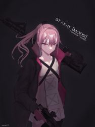 Rule 34 | 1girl, ar-15, artist name, black background, black jacket, breasts, character name, closed mouth, copyright name, dress, girls&#039; frontline, gloves, gun, harness, hetare galm sue, highres, holding, holding gun, holding weapon, jacket, long hair, looking at viewer, mod3 (girls&#039; frontline), open clothes, open jacket, over shoulder, pink gloves, pink hair, ponytail, purple eyes, rifle, serious, small breasts, solo, st ar-15 (girls&#039; frontline), st ar-15 (mod3) (girls&#039; frontline), standing, weapon, weapon over shoulder, white dress