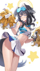 Rule 34 | 1girl, absurdres, animal ears, bare shoulders, black hair, blue archive, blue eyes, blush, breasts, cheerleader, cleavage, commentary, crop top, dkxlek, dog ears, dog girl, dog tail, duplicate, eyewear on head, goggles, goggles on head, halo, hibiki (blue archive), hibiki (cheer squad) (blue archive), highres, holding, holding pom poms, long hair, looking at viewer, medium breasts, millennium cheerleader outfit (blue archive), navel, official alternate costume, pixel-perfect duplicate, pom pom (cheerleading), pom poms, skirt, solo, sticker on arm, sticker on face, stomach, sweat, tail, white skirt, yellow halo