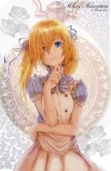 Rule 34 | 1girl, alice (alice in wonderland), alice in wonderland, apron, arikanrobo, bad id, bad pixiv id, blonde hair, blue bow, blue bowtie, blue eyes, blue ribbon, bow, bowtie, copyright name, cowboy shot, flower, hair over one eye, hair ribbon, looking at viewer, maid apron, parted lips, puffy short sleeves, puffy sleeves, ribbon, rose, short sleeves, solo, twintails, white flower, white rose