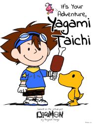 Rule 34 | agumon, digimon, digimon (creature), food, highres, meat, parody, peanuts (comic), piyomon, smile, star (symbol), style parody, yagami taichi
