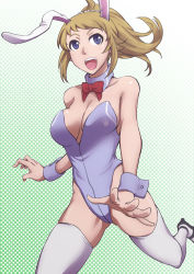 Rule 34 | 10s, 1girl, adapted costume, animal ears, bare shoulders, blue eyes, blush, bow, bowtie, breasts, brown hair, cleavage, detached collar, fake animal ears, gundam, gundam build fighters, gundam build fighters try, hoshino fumina, long hair, natsumi chorisuke, open mouth, paw print, playboy bunny, ponytail, rabbit ears, solo, thighhighs, wrist cuffs