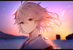 Rule 34 | 1boy, alternate hairstyle, azna, blurry, blurry background, blush, closed mouth, commentary, crossed bangs, genshin impact, grey hair, hair between eyes, hair down, highres, japanese clothes, kaedehara kazuha, letterboxed, looking at viewer, male focus, multicolored hair, outdoors, red eyes, red hair, solo, streaked hair, sunset, symbol-only commentary, twitter username