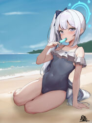 Rule 34 | 1girl, arm support, beach, blue archive, blue halo, blue one-piece swimsuit, blush, breasts, cameltoe, casual one-piece swimsuit, cleft of venus, commentary request, covered navel, food in mouth, frilled one-piece swimsuit, frills, halo, highres, holding food, holding popsicle, licking, long hair, miyako (blue archive), miyako (swimsuit) (blue archive), ocean, off-shoulder one-piece swimsuit, off shoulder, official alternate costume, one-piece swimsuit, outdoors, popsicle, purple eyes, side ponytail, sitting, small breasts, solo, swimsuit, two-tone one-piece swimsuit, two-tone swimsuit, variant set, white hair, windon, yokozuwari