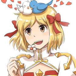Rule 34 | 1girl, animal, animal on head, arch bishop (ragnarok online), bird, bird on head, blonde hair, bow, brown eyes, cleavage cutout, clothing cutout, commentary request, cross, dress, hair bow, heart, juliet sleeves, long sleeves, looking afar, natsuya (kuttuki), on head, open mouth, puffy sleeves, ragnarok online, red bow, red dress, short hair, simple background, smile, solo, two-tone dress, upper body, white background, white dress