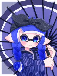 Rule 34 | 1girl, black bow, black hairband, blue eyes, blue hair, border, bow, bow hairband, braided sidelock, closed mouth, commentary request, hair bow, hairband, highres, holding, holding weapon, inkling, inkling girl, inkling player character, japanese clothes, kimono, long hair, looking at viewer, low-tied sidelocks, nintendo, outside border, pointy ears, purple background, recycled brella 24 (splatoon), simple background, smile, solo, splatoon (series), splatoon 3, tentacle hair, tonbofree, weapon, white border