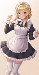 Rule 34 | 1girl, alternate costume, apron, black dress, blonde hair, blush, breasts, closed mouth, commentary, dress, enmaided, foreshortening, frilled apron, frills, genshin impact, gradient background, hair between eyes, hair intakes, hands up, highres, juliet sleeves, legs apart, long sleeves, looking at viewer, lumine (genshin impact), maid, maid headdress, neck ribbon, puffy sleeves, ribbon, seungju lee, short hair with long locks, solo, standing, thighhighs, thighs, white apron, white ribbon, white thighhighs, yellow eyes