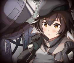 Rule 34 | 1girl, 1other, ahoge, arknights, beret, black gloves, black headwear, black jacket, brown hair, carrying, commentary request, doctor (arknights), gloves, hair between eyes, hasegawamorito, hat, highres, hood, hood up, hooded jacket, jacket, light blush, looking at another, multicolored hair, orange eyes, parted lips, plume (arknights), princess carry, short hair, two-tone hair, vignetting