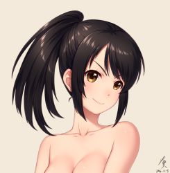 Rule 34 | 10s, 1girl, 2016, black hair, breasts, brown eyes, cleavage, collarbone, dated, eyebrows, female focus, kimi no na wa., long hair, looking at viewer, medium breasts, miyamizu mitsuha, neck, nude, out-of-frame censoring, ponytail, simple background, smile, solo, upper body, zerg309