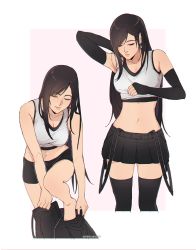 Rule 34 | 1girl, adjusting clothes, bike shorts, black hair, black skirt, black thighhighs, breasts, cleavage, closed eyes, crop top, cropped legs, dangle earrings, dressing, earrings, elbow gloves, final fantasy, final fantasy vii, final fantasy vii remake, fingerless gloves, gloves, highres, jewelry, long hair, navel, outside border, pudelmudel, short shorts, shorts, skirt, solo, square enix, stomach, suspender skirt, suspenders, suspenders hanging, tank top, thighhighs, tifa lockhart, white tank top