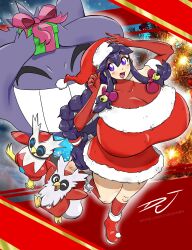 Rule 34 | 1girl, 2others, absurdres, ahoge, bare shoulders, box, breasts, christmas, christmas dress, christmas tree, closed eyes, creatures (company), delibird, djthepokemen, dress, elbow gloves, from above, full body, game freak, gen 1 pokemon, gen 2 pokemon, gengar, gift, gift box, gift wrapping, gloves, hair between eyes, hat, hex maniac (pokemon), highres, huge breasts, iron bundle, light, long hair, looking back, matching hair/eyes, multiple others, nintendo, npc trainer, one eye closed, open mouth, pokemon, pokemon xy, purple eyes, purple hair, red dress, red gloves, santa hat, sidelocks, smile, standing, taut clothes, taut dress, tongue, toy, wink